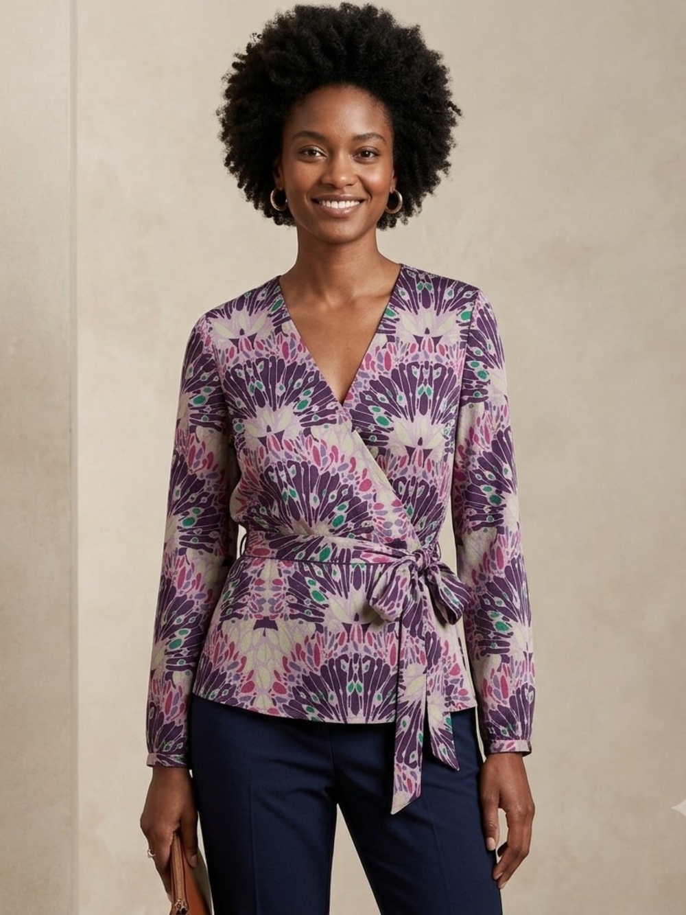 Banana Republic Lavender and Purple Floral Wrap Top with Self Tie